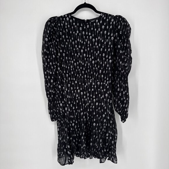 The Kooples Size Small Black Silver Metallic Polka Dot Mini Dress Puff Sleeve - Picture 6 of 10